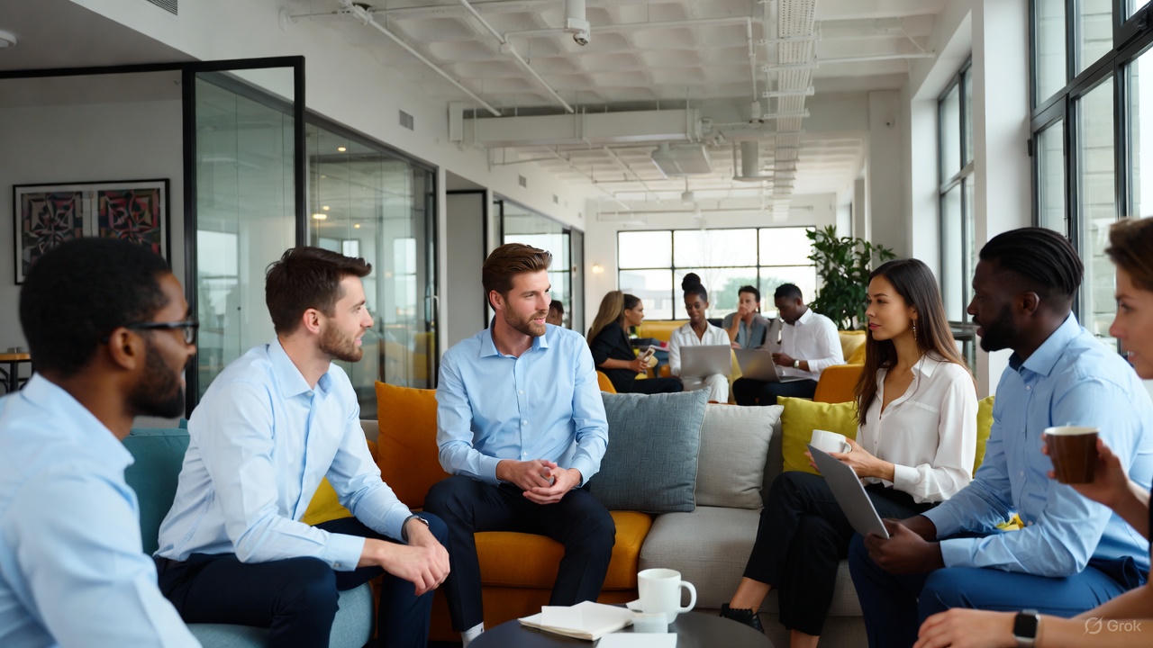 Employees in a modern office space discussing on a couch.